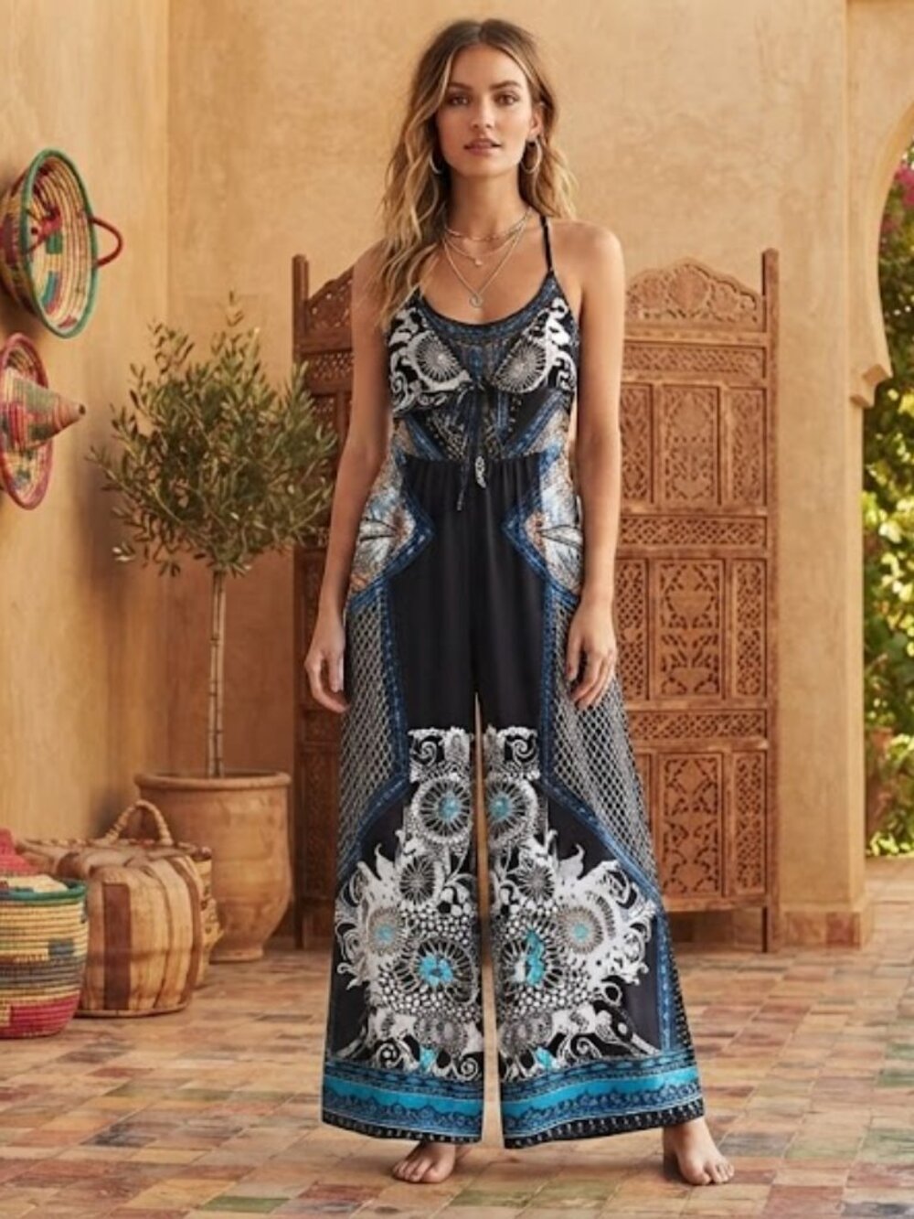 Black Printed Maxi Jumpsuit with Blue & White Accents